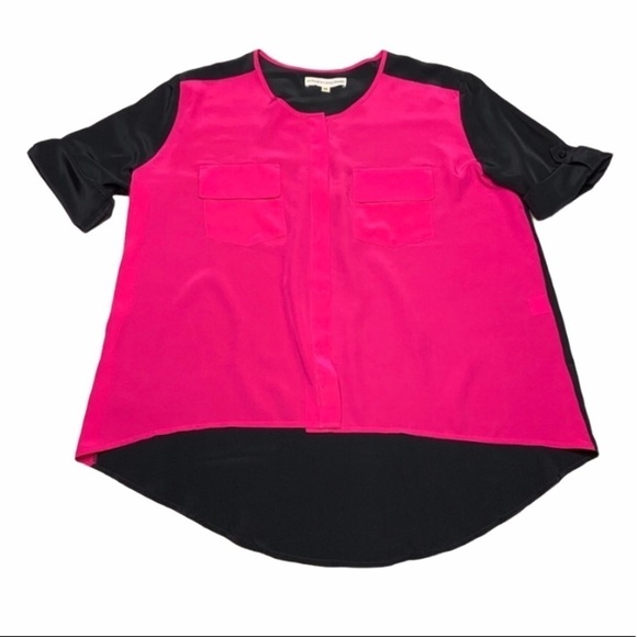 AMANDA UPRICHARD Silk Blouse Color Block short sleeve Top preppy minimalist MED - Picture 1 of 7
